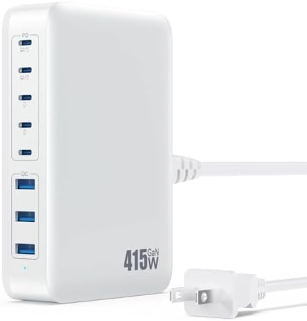 USB C Charger 415W USB C Charger Block, 8-Ports GaN IV Fast Charging Station Hub, Dual PD 100W Laptop Charger Adapter,for MacBook Pro/Air/iPad/iPhone16/15/14/Apple Watch/DELL/Samsung for Home Office by GKUTW