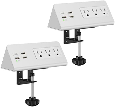 Nightstand Edge Mount Power Strip with USB-C Ports Tabletop Surge Protector Desk Clamp Power Sockets with 3 AC Outlets &4 Fast Charging USB Ports for Home Office Hotel and Dormitory (White(2-Pack)) by Emerising