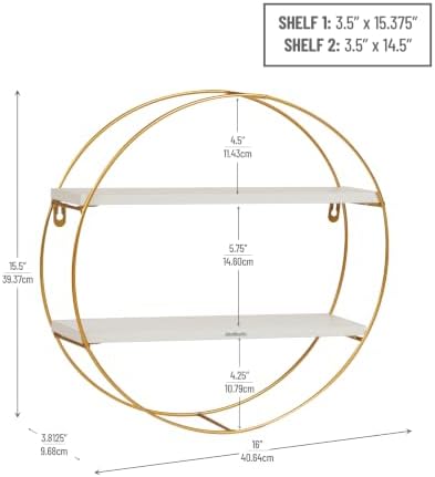 Mind Reader Round Wall Shelf, Gold Metal Frame with Dual White MDF Shelves, Decorative Wall Display for Living Room, Bathroom, Office, Metal. MDF, White - Image 3