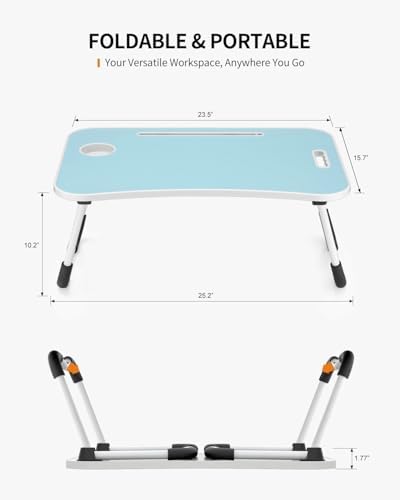 FISYOD Foldable Laptop Table, Portable Lap Desk Bed Table Tray, Laptop Stand with Cup Holder & Tablet Slot & Lifting Handle for Working Writing Drawing & Eating (Light Blue) - Image 2