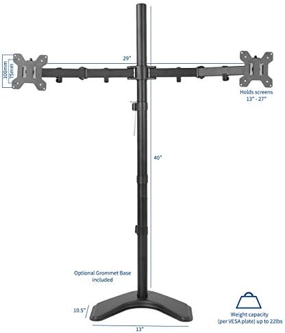 VIVO Dual 13 to 27 inch LED LCD Monitor Free-Standing Desk Stand, Holds 2 Screens, Heavy-Duty Fully Adjustable Arms with Max VESA 100x100mm, Extra Tall 40 inch Pole, Black, STAND-V012F - Image 2