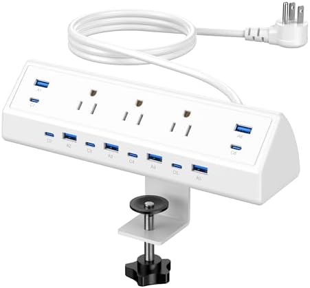 Jgstkcity 130W Desk Clamp Power Strip, 12 USB Ports (6 PD 65W USB-C),Surge Protector,ETL Listed Power Hub Extension Cord,Fast Charging Station for Home Office Desk Edge Mount (White, 12 USB-130W) by Jgstkcity