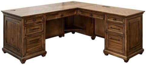 Ashford & Sons Artisan L-Desk & Return, 8-Drawer Executive Corner Workstation, 30" H x 68" W x 70" D, Hardwood Solids with Veneer, Distressed Finish, Built-in Power Center, Home Office Desk by Unknown