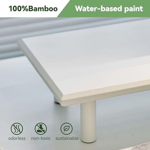 Bamboo Dual Monitor Stand Riser, White Desk Shelf with Storage - Image 3