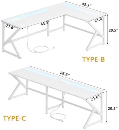 43.3'' L Shaped Gaming Desk with LED Lights & Power Outlets, White Desk - Image 3