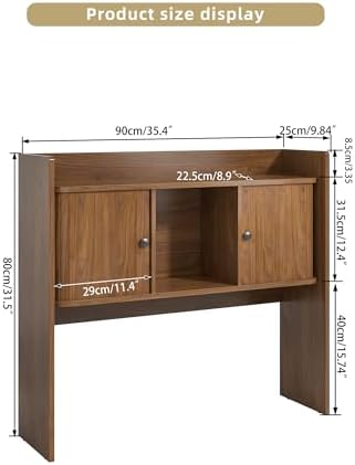 Mid Century Modern Desk Hutch Storage, 36 x 32 Inch Fluted Desktop Bookshelf, Wooden Desk Shelf Organizer with 2 Doors, for Laptop, Desktop Shelf for Dorm, Study, Office, Walnut, Brown - Image 2