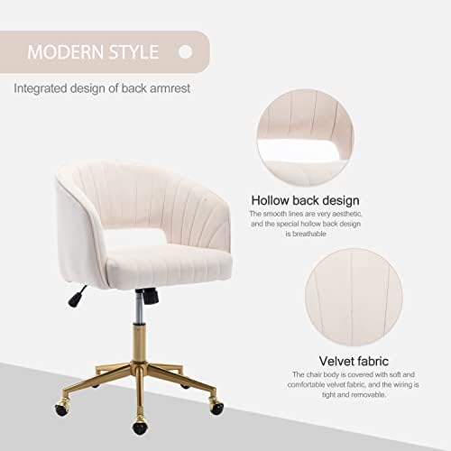Nrizc Velvet Office Desk Chair, Upholstered Home Office Desk Chairs with Adjustable Swivel Wheels, Ergonomic Office Chair for Living Room, Bedroom, Office, Vanity Study (Beige) - Image 4