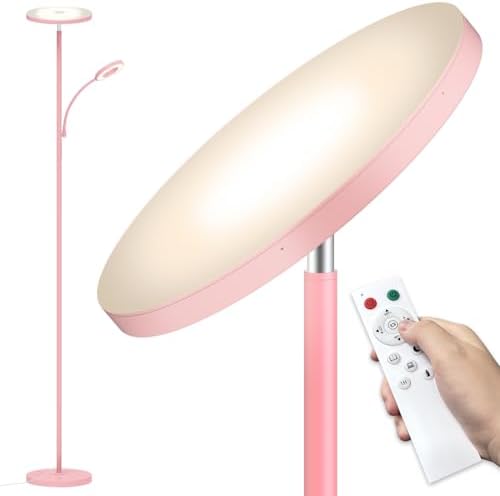 marctronic Pink Floor Lamp, 42W 4000LM Super Bright LED Room Lamp with Adjustable Reading Light,Dimmable Modern Standing Lamp with Remote & Touch Control for Room Bedroom Office Floor Light by Marctronic