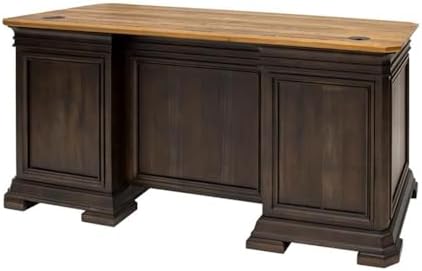 Pemberly Row Executive Desk, 60”W x 28”D x 30”H, Solid Wood Plank Top, Brown Finish, Double Pedestal Design, Dropfront Keyboard Drawer, Locking File Drawers, Antique Bronze Hardware, Home Office Desk - Image 5