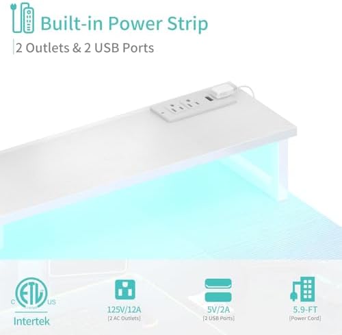 Lufeiya White Desk with Storage Shelves - 47 inch Home Office Gaming Desk with Monitor Stand, Computer Desk with LED Lights and Power Outlets, White - Image 5