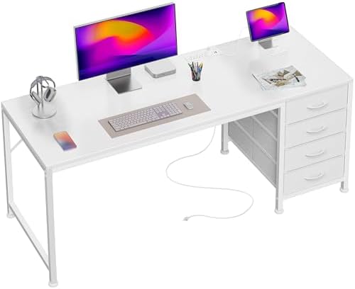 PRAISUN 55.1 Inch Computer Office Desk with Power Outelts and USB-C Port, Reversible Gaming Desk with 4 Fabric Drawers, Work Study Desk Work from Home, White by PRAISUN