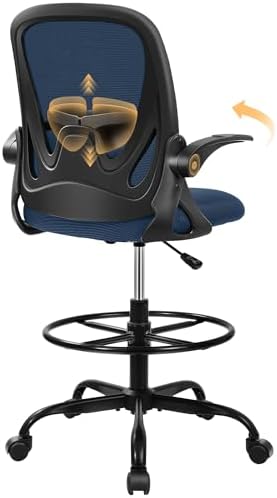 Primy Drafting Chair Tall Office Chair with Flip-up Armrests Executive Ergonomic Computer Standing Desk Chair with Lumbar Support and Adjustable Footrest Ring (Navy) by Primy