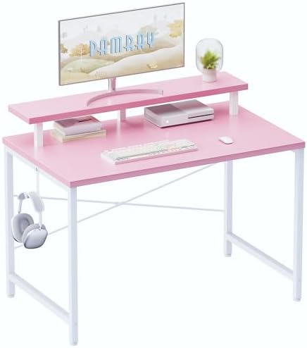 Pamray 32 Inch Small Computer Desk with Monitor Stand, Simple Office Desk with Headphone Hook for Small Spaces, Kids Study Writing Table for Bedroom, Pink by PAMRAY