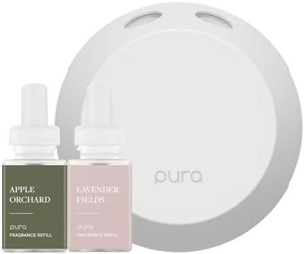 Pura Smart Home Fragrance Device Starter Set - Pura 4 - Scent Diffuser for Home - Includes Fragrance Aroma Diffuser - Square Box, Apple Orchards and Lavender Fields Scent Refills by Pura
