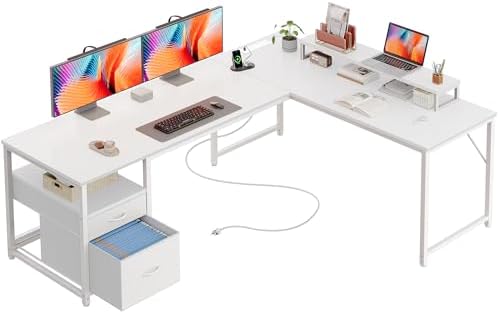 PRAISUN 63 Inch L Shaped Desk with Power Outlets and USB-C Port, Computer Corner Home Office Desk with File Fabric Drawers and Movable Monitor Stand, Larger Storage, Gaming, Writing, Work, White by PRAISUN