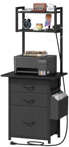 HIGDBFE 3 Drawer File Cabinet with Charging Station, 49''H Tall, 3-Tier Small Filing Cabinet for Home Office, 20''*15'' for Small Printer, Fabric Drawer, Printer Stand, Black by HIGDBFE
