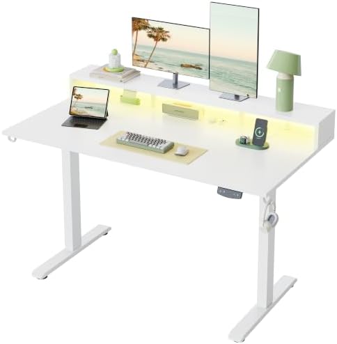 Klicelor Electric Standing Desk with Shelf, 55 Inch Height Adjustable Desk with Power Outlets & LED, Sit Stand Up Table with Monitor Stand, Computer Workstation for Home Office, White by Klicelor