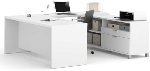BOWERY HILL 71" Modern Wood U-Shaped Home Office Desk, White Finish, Reversible Workstation with Storage, Durable Melamine Surface, Silver Metal Legs, Utility and File Drawers, Adjustable Shelves by BOWERYHILL