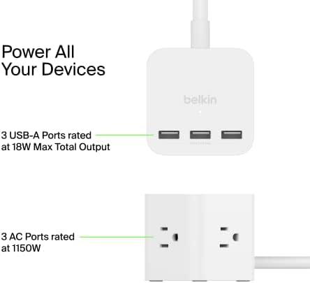Belkin 6-Outlet Power Cube w/ 3 AC Outlets, 3 USB-A Ports, & 5ft Sturdy Extension Cord - Convenient Compact Cube for Home, Office, Travel, Desktop, & Phone Charger - 4.5 Amps - Image 3
