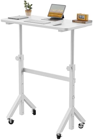 ErGear Small Standing Desk Adjustable Height, 6 Height Settings Up to 46.5″, Walking Pad Desk with Triangular Leg Design, Smooth Mobility with Lockable Wheels, Standing Desk for Walking Pad, White by ErGear