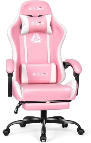 N-GEN GAMING Gaming Chair with Footrest, Lumbar, High-Back, Pink White by N-GENGAMING