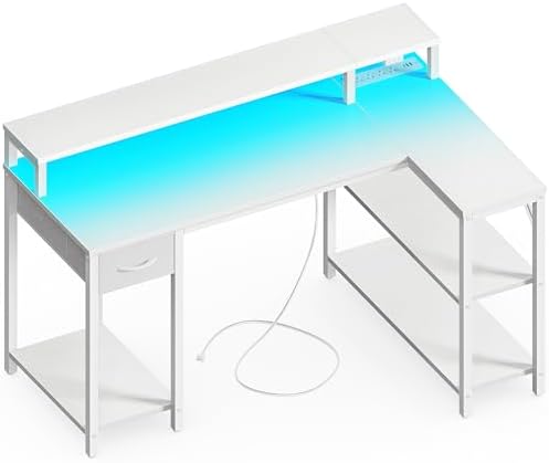 SUPERJARE 47 inch Reversible L Shaped Desk with LED Lights & Power Outlets, Computer Desk with Shelves & Monitor Stand, Gaming Desk with Drawer, Home Office Desk Corner Desk, PU White Drawer by SUPERJARE