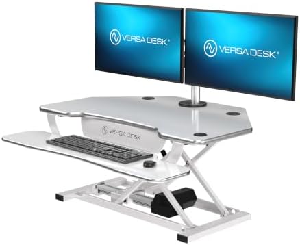 VERSADESK PowerPro 36 Inch Electric Corner Standing Desk Converter, Motorized Height Adjustable Sit-Stand Desk Riser, Dual Monitor & Laptop Workstation with Keyboard Tray, White by VERSADESK