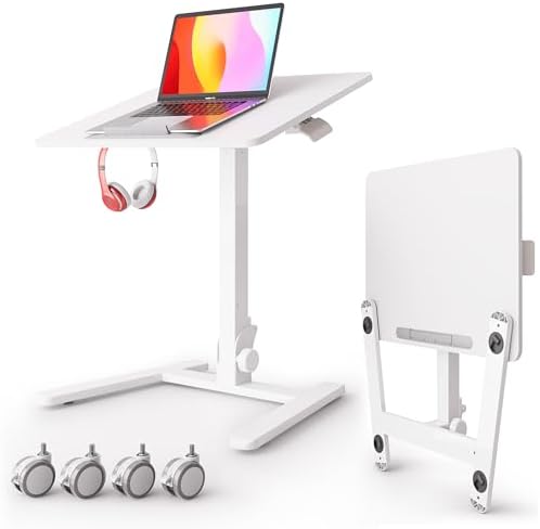 Monomi Mobile Folding Desk, Metal Furniture Small Sit-Stand Height Adjustable Rolling Laptop Desk, Space-Saving Portable Desk with Wheels for Home Office Craft & Study, White by MONOMI