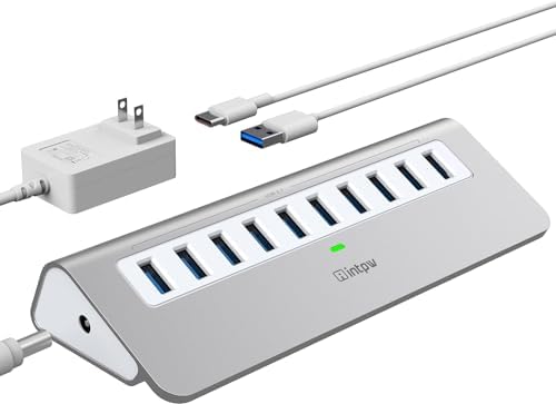 Powered USB Hub 10Gbps, intpw USB Port Hub with 10 Port USB 3.1 Data, 36W Power Adapter, 3.3FT USB-A & USB-C Cables, Aluminum USB Hub for PC, Laptop, Mac, Desktop by intpw