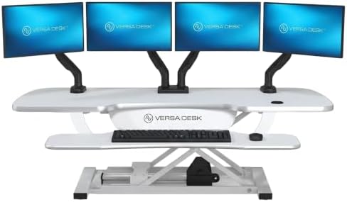 VERSADESK PowerPro 48 Inch Electric Standing Desk Converter – Push-Button Height Adjustable Sit to Stand Desk Riser for Multiple Monitors – Motorized Desktop Workstation with Wide Keyboard Tray, White by VERSADESK