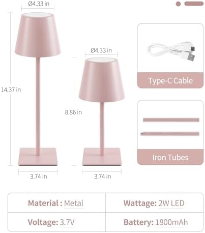 UME 3 Pack Cordless Table Lamp, Battery Operated Lamp - Portable Waterproof Rechargeable Table Lamp w/ 3 Color Temps & Stepless Dimming for Dinner, Desk, Cafe, Outdoor (Pink) - Image 6