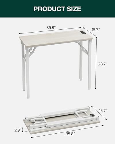 Frylr Small Folding Computer Desk – 35.8 Inch Portable Table for Craft and Study, Lightweight Desk for Small Spaces, Foldable Laptop Table Built-in AC/USB Outlets for Convenience, White Ash - Image 2