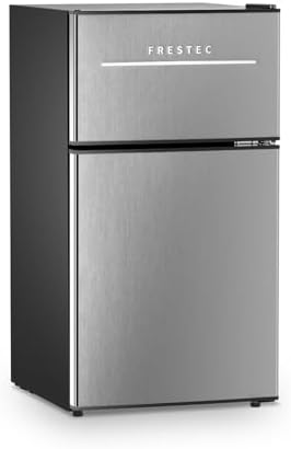 Mini Fridge with Freezer 3.2 Cu.Ft. 2 Door Refrigerator and Freezer Small Fridge for Bedroom Home Office Dorm, Small Drink Chiller, Adjustable Thermostat,37 dB Low Noise, Stainless Steel by Frestec