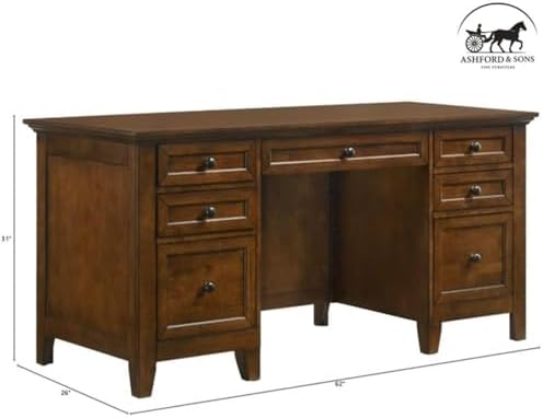Ashford & Sons 62" Solid Hardwood Executive Desk, Tuscan Brown Finish, Durable Office Desk with 5 Utility Drawers, 2 File Drawers, Smooth Glides, Compact Design for Home Office Use - Image 3