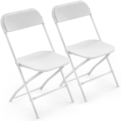 VINGLI 2 Pack White Plastic Folding Chair, Indoor Outdoor Portable Stackable Commercial Seat with Steel Frame 350lb. Capacity for Events Office Wedding Party Picnic Kitchen Dining by VINGLI