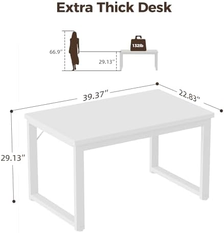 Mericonia 40 Inch Computer Desk, 1.2" Thick Small Office Table, White - Image 2