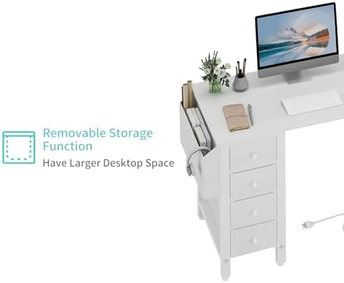 Lufeiya White L Shaped Computer Desk with Drawers & Storage Shelves, 47 Inch Corner Reversible Desk with Power Outlet for Home Office Bedroom, L-Shaped Teen PC Desks with Fabric Drawer, White - Image 7