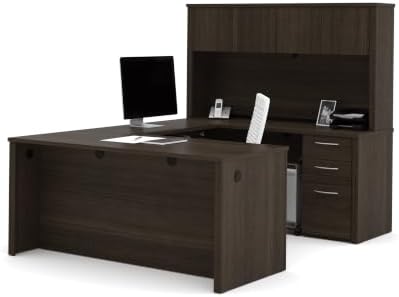 Bestar Embassy 66W U-Shaped Executive Desk with Pedestal and Hutch in Dark Chocolate by Bestar