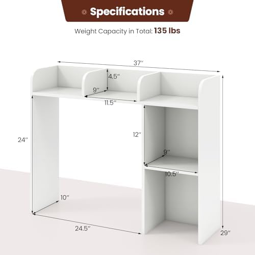 GOFLAME 5 Shelves Desktop Bookshelf, Wood Desk Hutch Dorm for Computer Desk, Countertop Display Rack, 3-Tier Desk Storage Organizer Shelf for Dormitory, Home Office, Study, White - Image 3