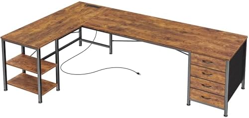Huuger 63 Inch L Shaped Desk with Fabric Drawers, Computer Office Desk with Power Outlets and USB-C Port, Corner Desk with Storage Shelves, Work Study Home Office, Reversible, Rustic Brown by Huuger