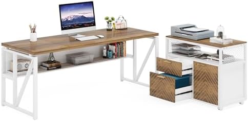 Tribesigns Office Desk with Drawers Sets, 63 inches L Shaped Computer Desk with Mobile File Cabinet,Big Executive Desk for Home Office Furniture Sets (Light Walnut, 63-inch) - Image 3