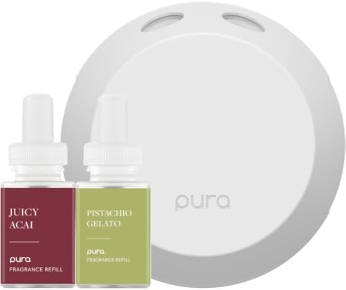 Pura - Smart Home Fragrance Device Starter Set - Pura 4 - Scent Diffuser for Home - Includes Fragrance Aroma Diffuser - Square Box, Juicy Acai and Pistachio Gelato Scent Refills by Pura