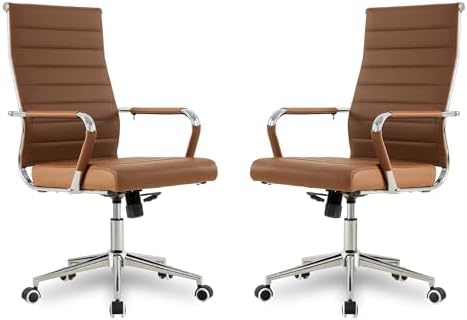Okeysen Office Desk Chair, Ergonomic Leather Modern Conference Room Chairs, Executive Ribbed Height Adjustable Swivel Rolling Chair for Home Office Set of 2. (Brown) by Lepdep