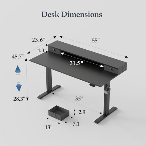 Klicelor 55 x24 Inch Electric Standing Desk with Drawers, Adjustable Height Small Sit Stand Desk for Home Office, Compact Computer Workstation with Storage– Black - Image 3