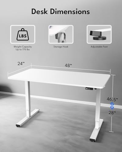 Electric Standing Desk, Gaming Desk, 48 x 24 Inch, White - Image 2