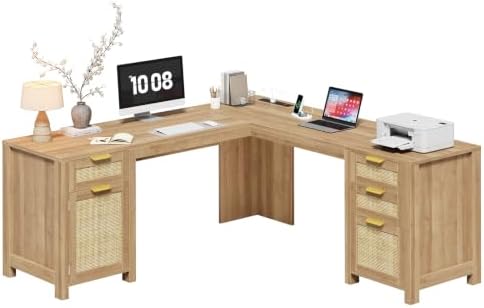 59" Rattan L Shaped Desk with Drawers & Storage Cabinet for Home Office by YomiluveDesign