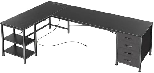 Huuger 63 Inch L Shaped Desk with Fabric Drawers, Reversible Computer Gaming Desk with Power Outlets and USB-C Port, Adjustable Side Storage Shelves, for Work Study Corner Home Office, Black by Huuger