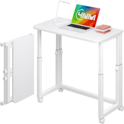 4NM No Tool Assembly 27.5" Small Desk, Folding Portable Desk with Wheels, Adjustable Height Foldable Computer Home Office Desks, Collapsible Study Writing Table for Space Saving Bedroom - All White by 4NM