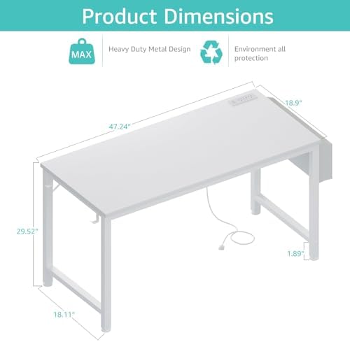 Lufeiya White Computer Desk with Power Outlet, 47 inch Teen Study Table Home Office Work Writing Gaming Desks with Charging Station Outlets Built in, White - Image 3