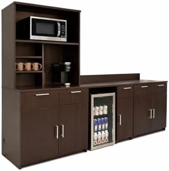 BREAKtime Breakroom Kitchenette Cabinet with 4-Door Storage, Mini Fridge Space & Upper Hutch, Microwave Space, Fully Assembled, 90" W x 24" D x 75" H, Appliances Not Included, Espresso - Image 6